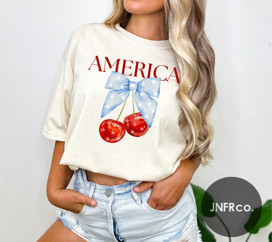 American Cherries Blue Bow T-Shirt