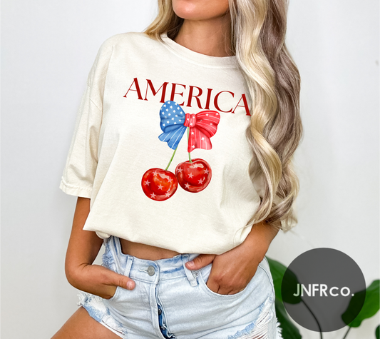 American Cherries Red White & Blue Bow T-Shirt