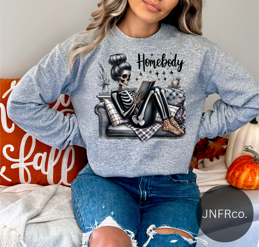 Homebody Messy Bun Skeleton Girl Crewneck Sweatshirt