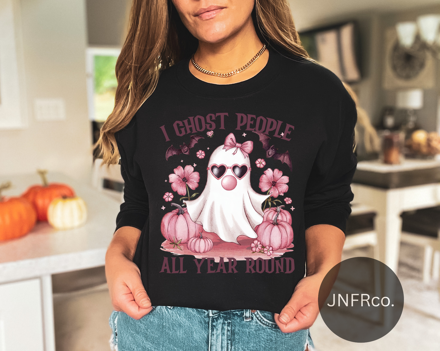 I Ghost People All Year Round Pink Bubblegum Ghost Crewneck Sweatshirt