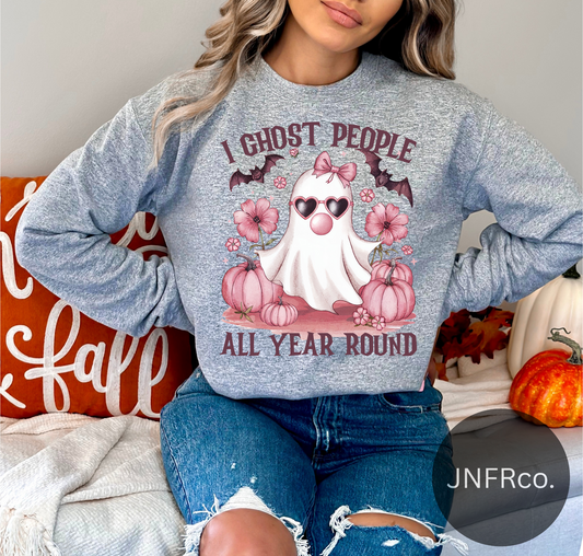 I Ghost People All Year Round Pink Bubblegum Ghost Crewneck Sweatshirt