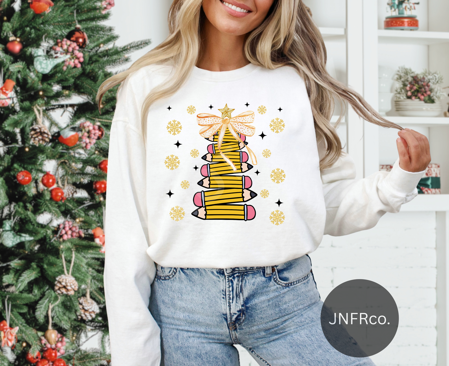 Pencil Christmas Tree Gold Snowflakes - DTF Transfer