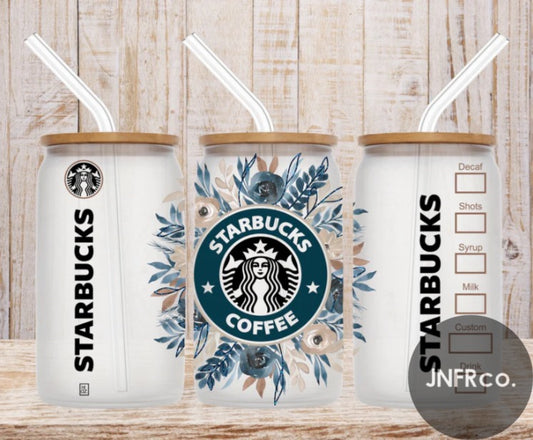 Blue Floral Coffee 20oz. Glass Can