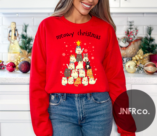 Meowy Christmas Cat Tree Crewneck Sweatshirt