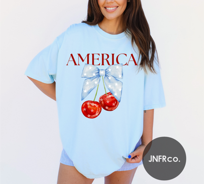 American Cherries Blue Bow T-Shirt