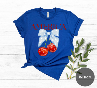 American Cherries Blue Bow T-Shirt