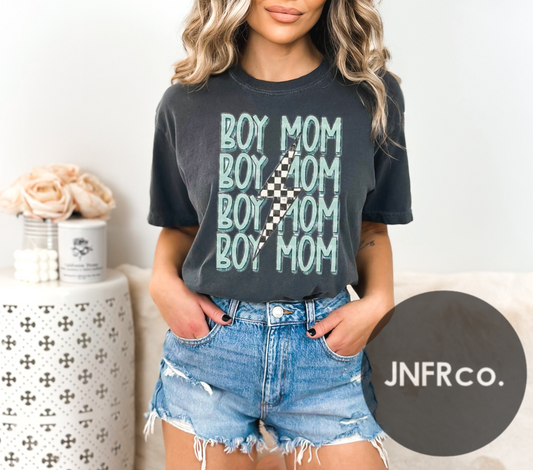 Boy Mom Checkered Bolt Comfort Colors T-Shirt