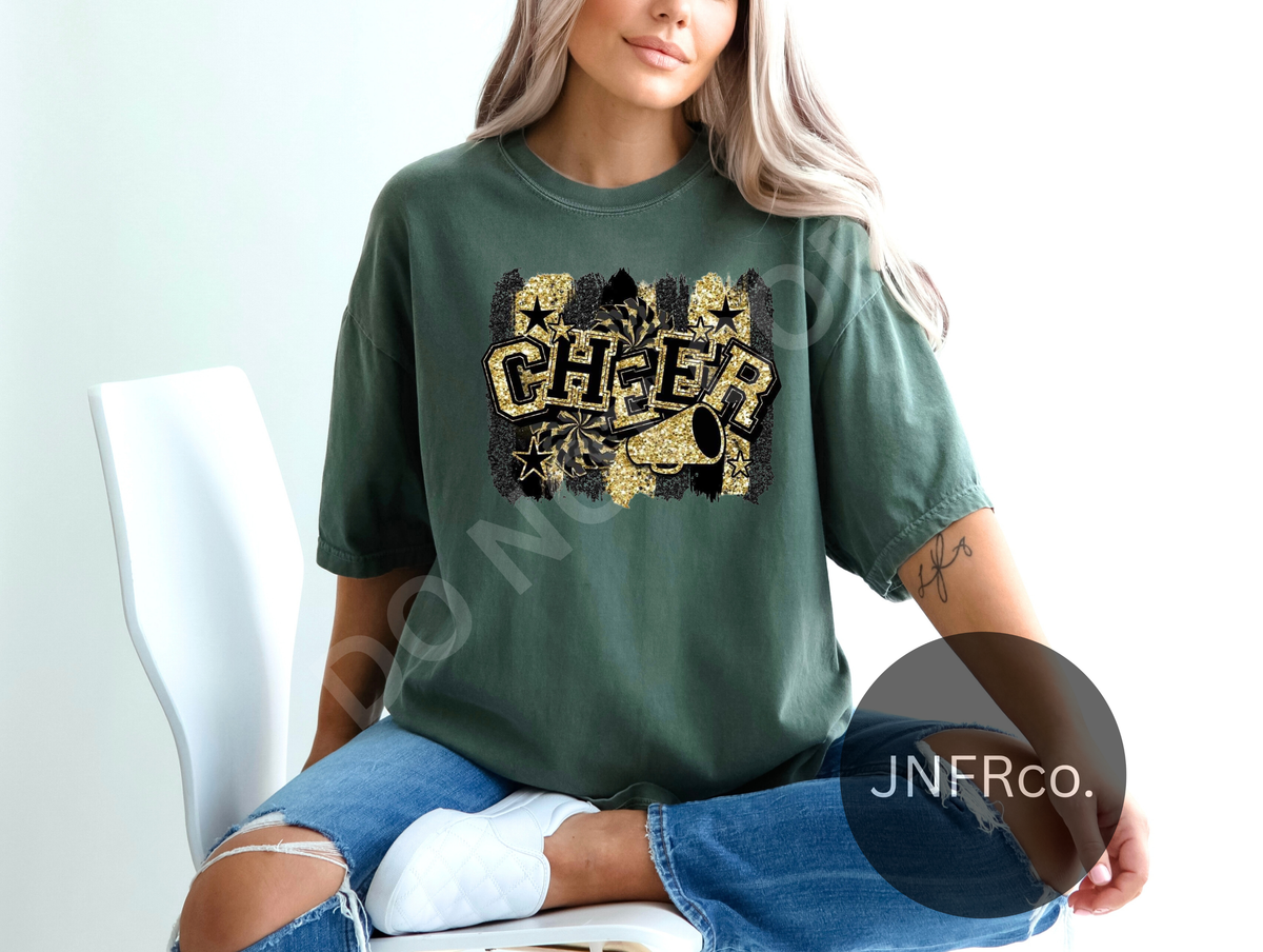 Cheer Black & Gold Faux Glitter - DTF Transfer