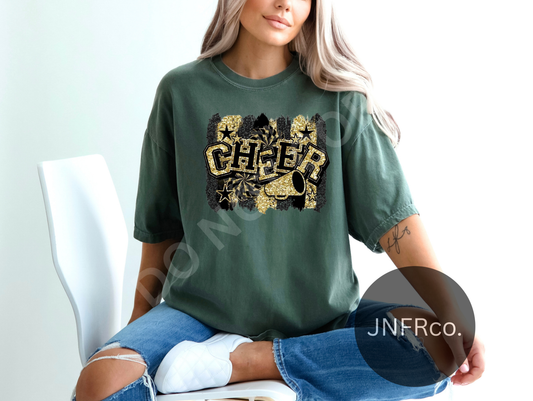 Cheer Black & Gold Faux Glitter - DTF Transfer