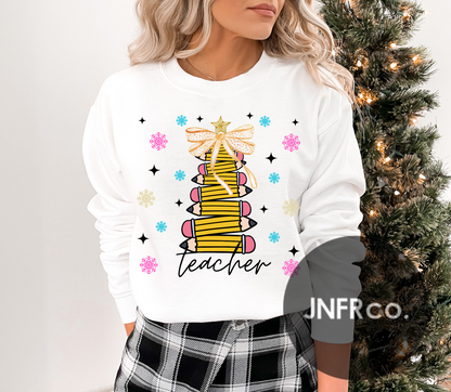 Teacher Pencil Christmas Tree Crewneck Sweatshirt