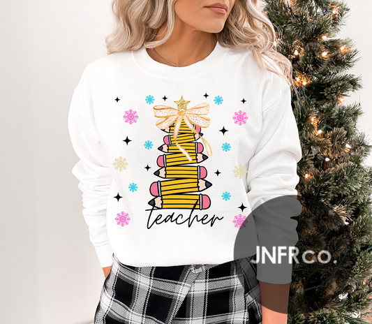 Teacher Pencil Christmas Tree Crewneck Sweatshirt