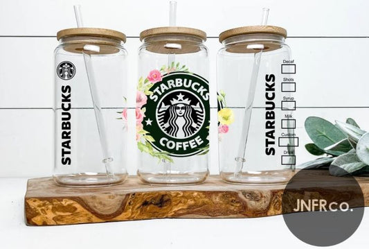 Pink Floral Coffee 16oz. Glass Can